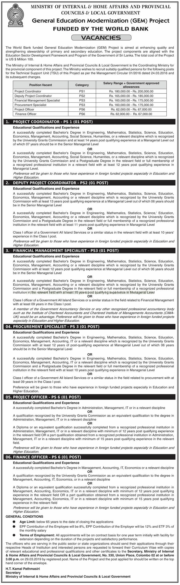 Project Coordinator, Deputy Project Coordinator, Financial Management Specialist, Procurement Specialist, Project Officer, Finance Officer - Ministry of Internal & Home Affairs and Provincial Councils & Local Government 